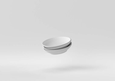 Beyaz tabak tabakları beyaz arka planda yüzüyor. Asgari konsept fikir yaratıcı. Tek renk olsun. 3 Boyutlu Hazırlama.