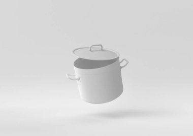 Beyaz arka planda süzülen paslanmaz çelik kap. Asgari konsept fikir yaratıcı. Tek renk olsun. 3 Boyutlu Hazırlama.