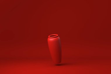 Kırmızı arka planda yüzen kırmızı çömlek. Asgari konsept fikir yaratıcı. Tek renk olsun. 3 Boyutlu Hazırlama