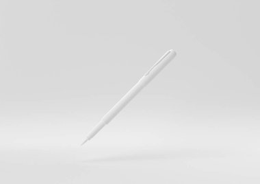 Beyaz arka planda süzülen beyaz kalem. Asgari konsept fikir yaratıcı. Tek renk olsun. 3 Boyutlu Hazırlama.