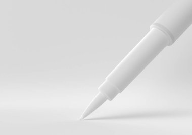 Beyaz arka planda süzülen beyaz kalem. Asgari konsept fikir yaratıcı. Tek renk olsun. 3 Boyutlu Hazırlama.