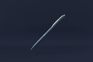 Mavi arka planda süzülen mavi kalem. Asgari konsept fikir yaratıcı. Tek renk olsun. 3 Boyutlu Hazırlama.