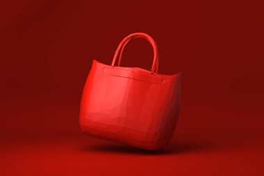 Kırmızı Torba Kadın Moda Aksesuarları kırmızı arka planda yüzüyor. Asgari konsept fikir yaratıcı. Origami tarzı. 3 Boyutlu Hazırlama.