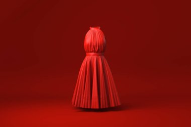 Kırmızı arka planda kırmızı elbise. Asgari konsept fikir yaratıcı. Tek renk olsun. 3 Boyutlu Hazırlama.