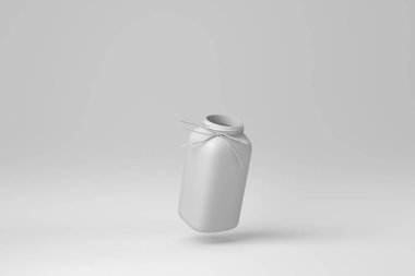 Beyaz arka planda kurdeleyle izole edilmiş boş cam kavanoz. Minimum konsept. Tek renk olsun. 3 Boyutlu Hazırlama