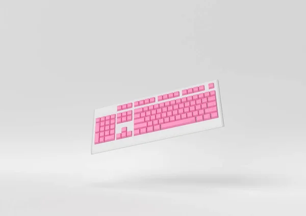 ピンクのコンピューターのキーボードが白い背景に浮かんでる 最小限の概念です パステルカラー 3Dレンダリング — ストック写真