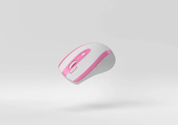 Růžová Bezdrátová Myš Plovoucí Bílém Pozadí Minimální Koncepce Pastelové Barvy — Stock fotografie