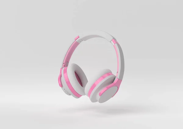 Auriculares Rosa Blanco Flotando Sobre Fondo Blanco Idea Concepto Mínimo — Foto de Stock