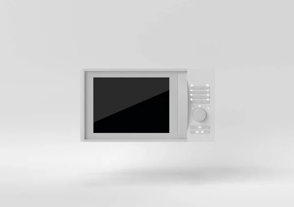 白色微波炉漂浮在白色背景上 最小的概念概念 3D渲染 — 图库照片