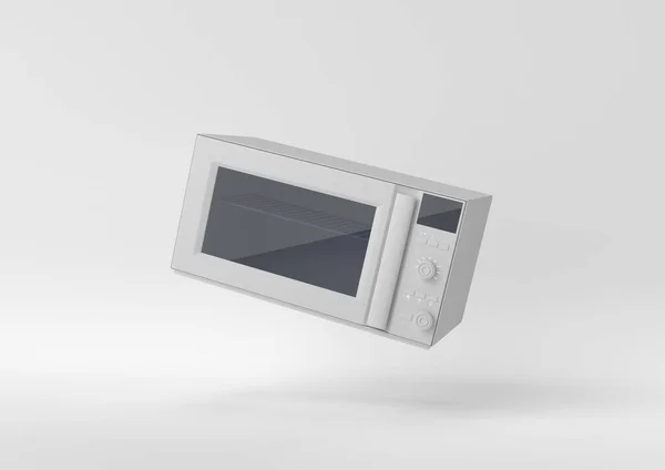 Witte Magnetron Oven Drijvend Witte Achtergrond Minimaal Concept Idee Monochroom — Stockfoto