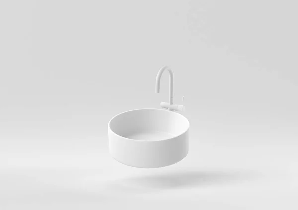 白色的浴室水池漂浮在白色的背景上 最小的概念概念 3D渲染 — 图库照片