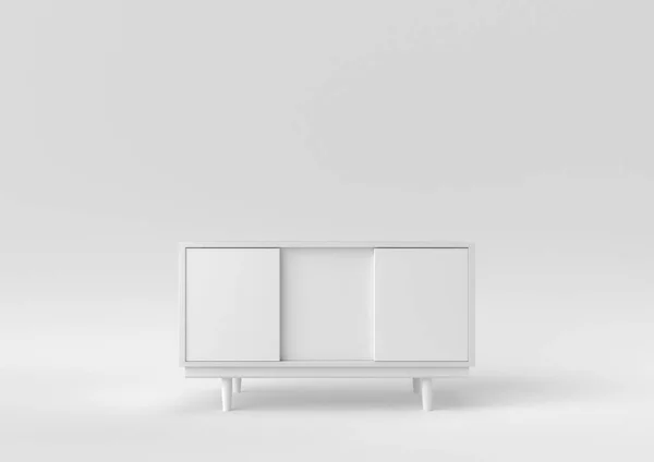 白色的餐具柜白色背景的架子电视 最小的概念概念 3D渲染 — 图库照片