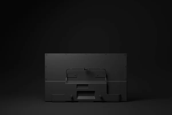 ブラック テレビがブラック バックグランドに浮かんでる 最小限の概念です 3Dレンダリング — ストック写真