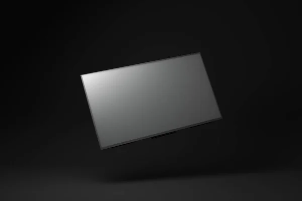 黑色电视机漂浮在黑色背景上 最小的概念概念 3D渲染 — 图库照片
