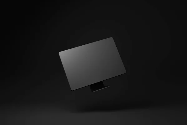 Μαύρη Οθόνη Υπολογιστή Επιπλέει Μαύρο Φόντο Ελάχιστη Ιδέα Απόδοση — Φωτογραφία Αρχείου