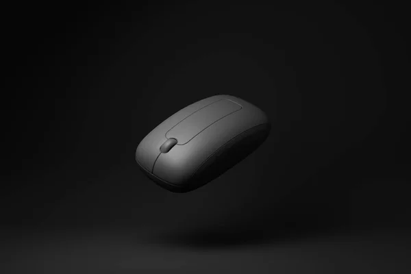 黒の背景に浮かぶ黒の無線マウス 最小限の概念です モノクロだ 3Dレンダリング — ストック写真