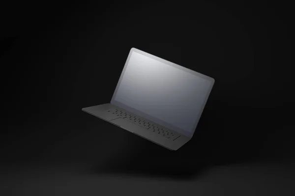 Svart Laptop Flyter Svart Bakgrund Minimal Idé Koncept Återgivning — Stockfoto