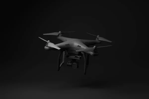 Black Drone Quadcopter Digital Camera Floating Black Background Minimal Concept — Stock Photo, Image