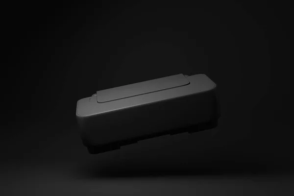 办公室里的黑色打印机漂浮在黑色背景上 最小的概念概念 3D渲染 — 图库照片
