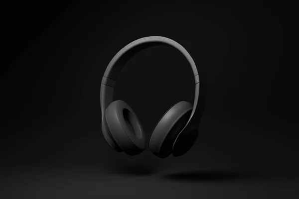 Auriculares Negros Flotando Sobre Fondo Negro Idea Concepto Mínimo Monocromo —  Fotos de Stock