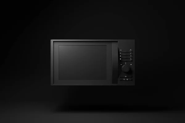 Zwarte Magnetron Oven Drijvend Zwarte Achtergrond Minimaal Concept Idee Monochroom — Stockfoto