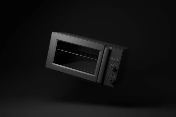 黑色微波炉漂浮在黑色背景上 最小的概念概念 3D渲染 — 图库照片