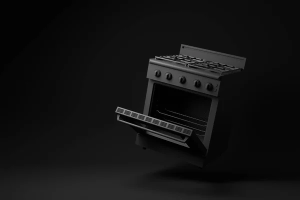 Black Empty Open Electric Oven Floating Black Background Minimal Concept — Stock Photo, Image