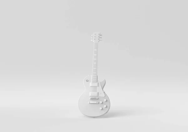 Beyaz arka planda beyaz elektro gitar. Asgari konsept fikir yaratıcı. Tek renk olsun. 3 Boyutlu Hazırlama.