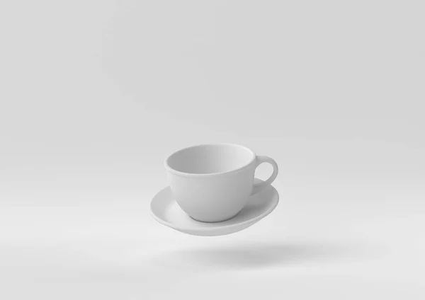 Beyaz arka planda yüzen beyaz kahve fincanı. Asgari konsept fikir yaratıcı. Tek renk olsun. 3 Boyutlu Hazırlama.