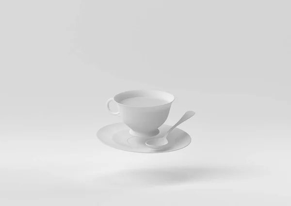 Tazza Caffè Bianco Galleggiante Sfondo Bianco Idea Concetto Minimale Creativo — Foto Stock