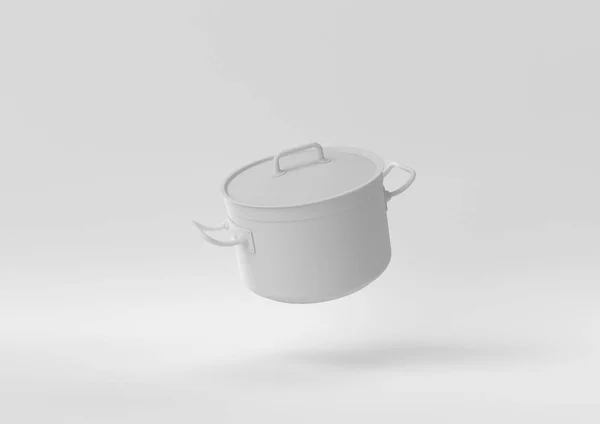 白い背景に浮かぶ白いステンレス製の鍋 創造性を最小限に抑えます モノクロだ 3Dレンダリング — ストック写真
