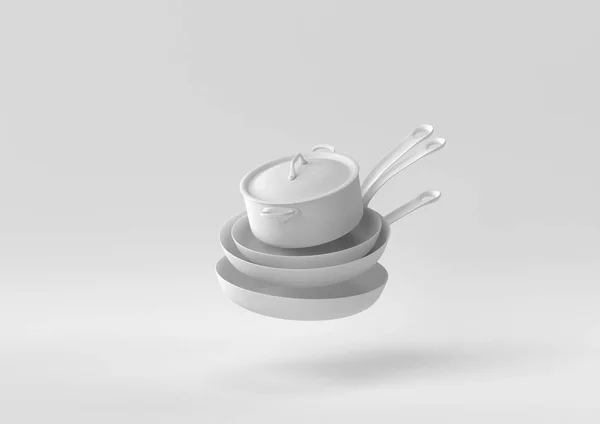 白色飞碟和厨房锅漂浮在白色背景 最小的概念创意 3D渲染 — 图库照片