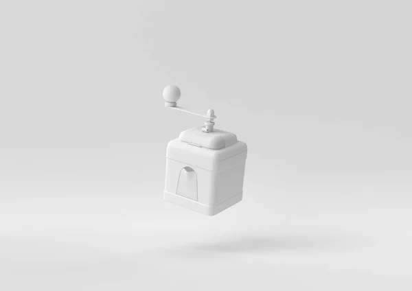 Weiße Kaffeemühle Die Auf Weißem Hintergrund Schwimmt Minimale Konzeptidee Kreativ — Stockfoto