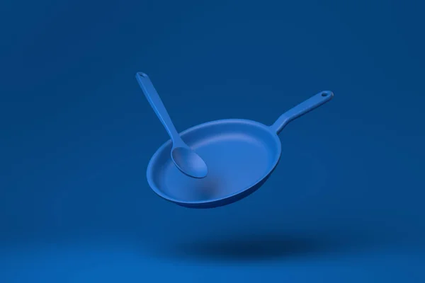 Blue Flying Pan Galleggiante Sfondo Blu Idea Concetto Minimale Creativo — Foto Stock