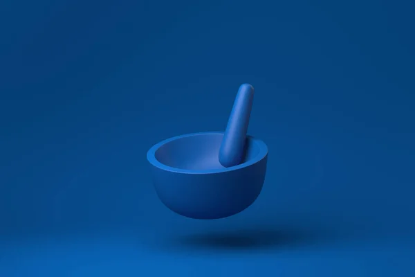 Blue Mortar Pestle Floating Blue Background Minimal Concept Idea Creative — Stock Photo, Image