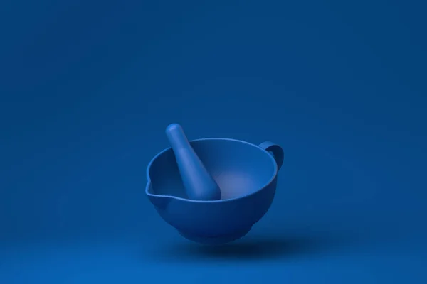 Mortier Bleu Pilon Flottant Arrière Plan Bleu Concept Minimal Idée — Photo