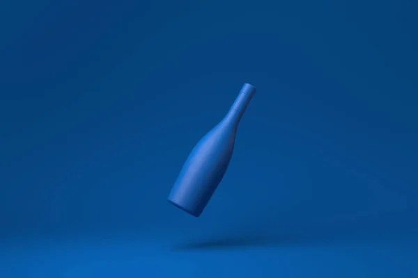Blauwe Volle Fles Champagne Drijvend Blauwe Achtergrond Minimaal Concept Idee — Stockfoto