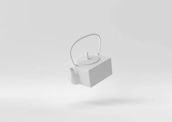 Weiße Teekanne Schwebend Auf Weißem Hintergrund Minimale Konzeptidee Kreativ Monochrom — Stockfoto