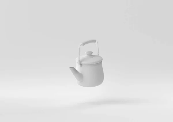 Білий Чайник Плаває Білому Фоні Мінімальна Концепція Творчої Ідеї Монохромний — стокове фото