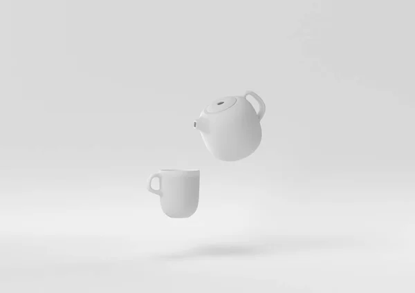 Білий Чайник Чашки Плавають Білому Тлі Мінімальна Концепція Ідеї Творча — стокове фото