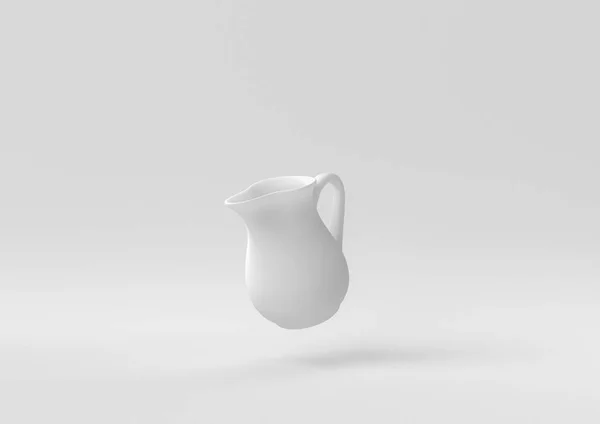 白い背景に浮かぶ白いピッチャーやミルクジャグ 創造性を最小限に抑えます モノクロだ 3Dレンダリング — ストック写真