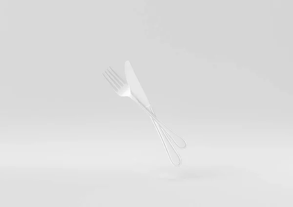 White Fork Knife Floating White Background Minimal Concept Idea Creative — Stock Photo, Image