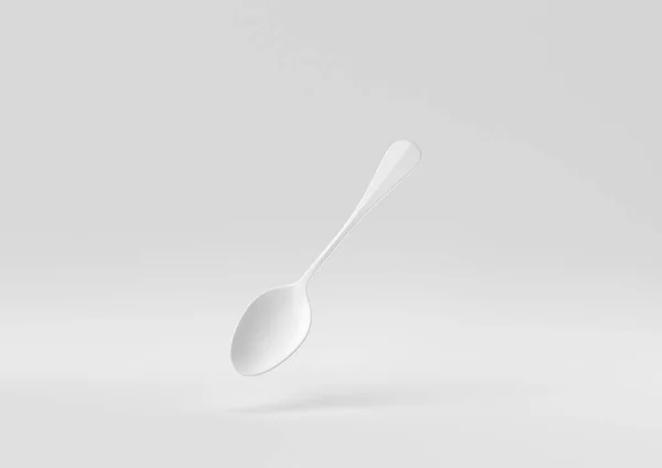 White Spoon Floating White Background Minimal Concept Idea Creative Monochrome — Stock Photo, Image