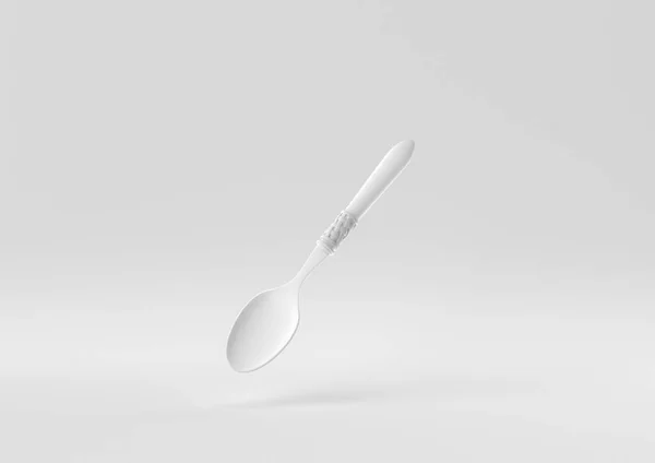 White Spoon Floating White Background Minimal Concept Idea Creative Monochrome — Stock Photo, Image
