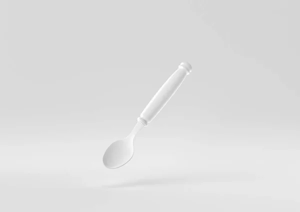 White Spoon Floating White Background Minimal Concept Idea Creative Monochrome — Stock Photo, Image