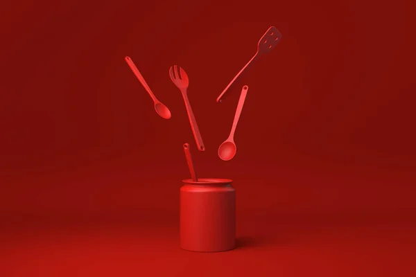 Kırmızı mutfak aletleri ve kırmızı arka planda yüzen fırın malzemeleri. Asgari konsept fikir yaratıcı. Tek renk olsun. 3 Boyutlu Hazırlama.