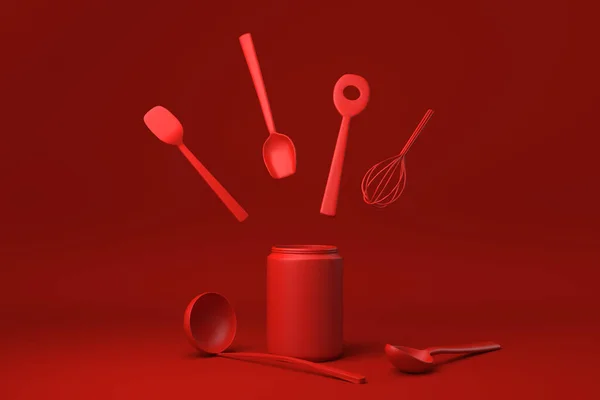 Utensílios Cozinha Vermelho Ingredientes Cozimento Flutuando Fundo Vermelho Ideia Conceito — Fotografia de Stock