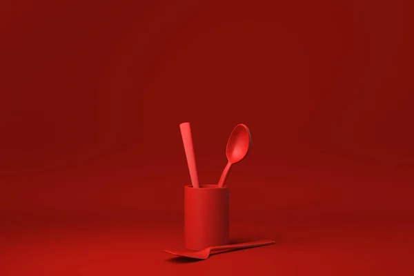 Utensílios Cozinha Vermelho Ingredientes Cozimento Flutuando Fundo Vermelho Ideia Conceito — Fotografia de Stock