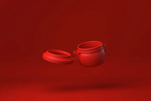 Pot Rouge Avec Couvercle Ouvert Flottant Arrière Plan Rouge Concept — Photo