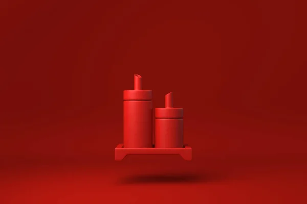 Bouteilles Condiment Rouge Flottant Arrière Plan Rouge Concept Minimal Idée — Photo